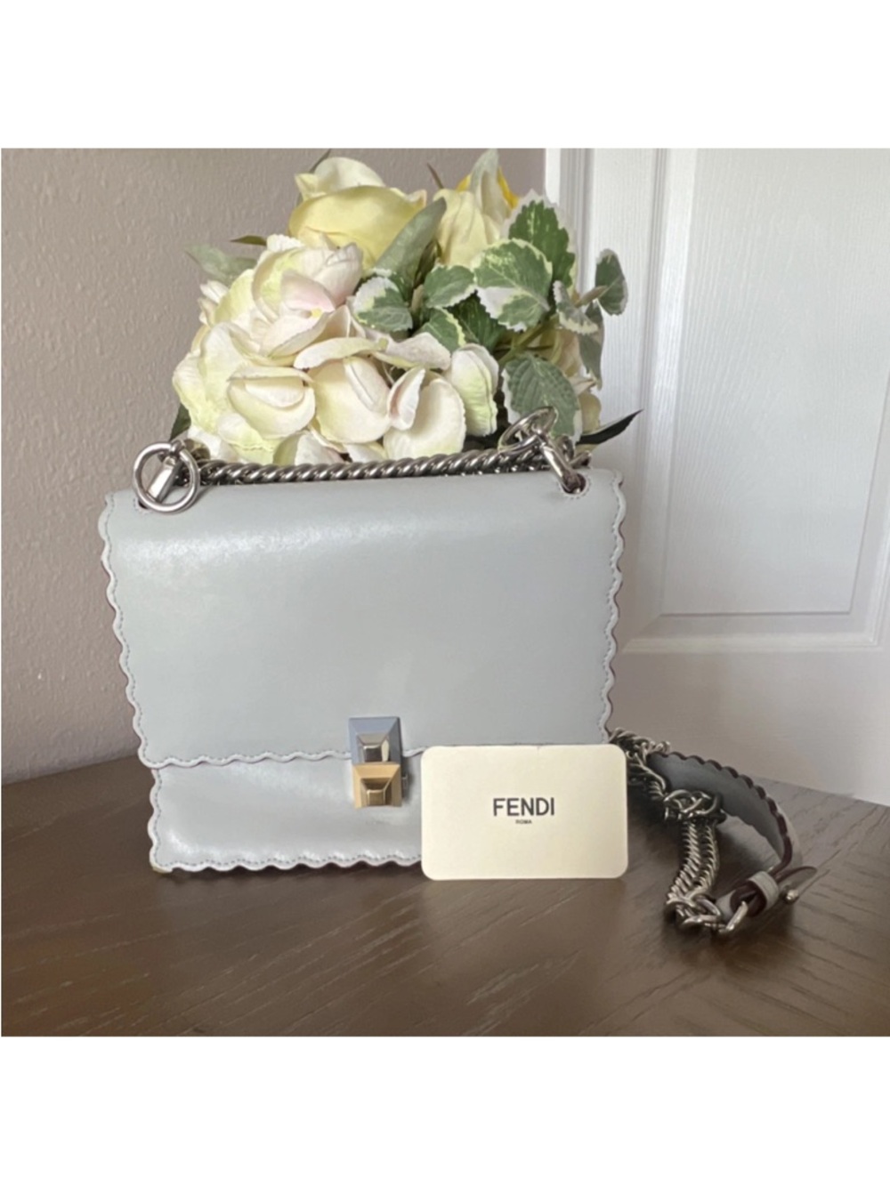 Fendi Pale Gray Scalloped Edge Leather Shoulder Bag with Dual-Tone Lock